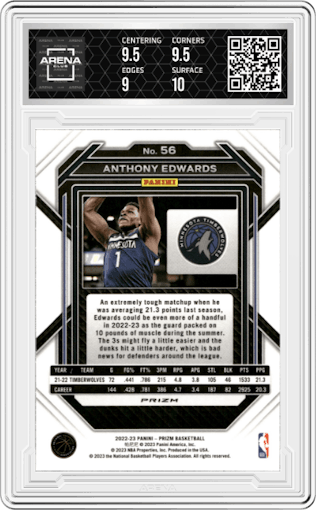 Anthony Edwards  from the 2022-23 Panini Prizm  set featuring a Pink Ice parallel graded by Arena Club and given an overall grade of 9.5.