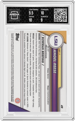 Angel Reese from the 2023-24 Bowman U Chrome set graded by Arena Club and given an overall grade of 9.5.