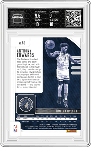 Anthony Edwards from the 2020-21 Panini Absolute set graded by Arena Club and given an overall grade of 9.5.