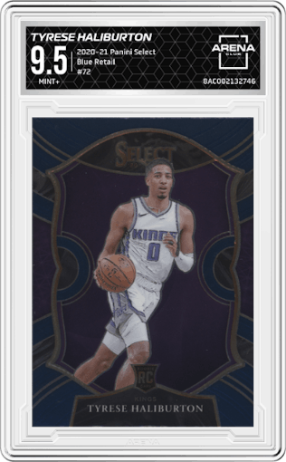 Tyrese Haliburton from the 2020-21 Panini Select  set featuring a Blue Retail parallel graded by Arena Club and given an overall grade of 9.5.