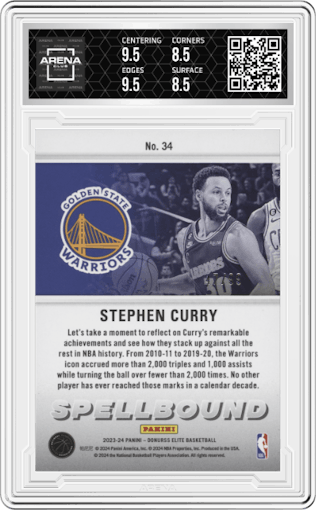 Stephen Curry from the 2023-24 Panini Donruss Elite set featuring a Blue parallel graded by Arena Club and given an overall grade of 9.