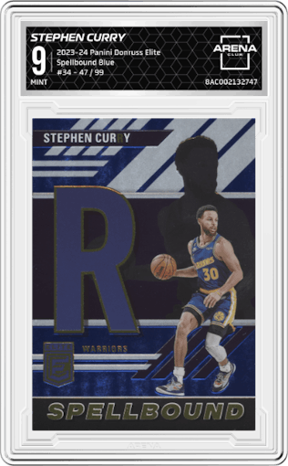 Stephen Curry from the 2023-24 Panini Donruss Elite set featuring a Blue parallel graded by Arena Club and given an overall grade of 9.