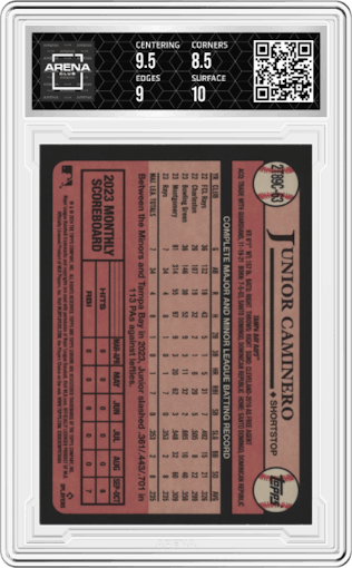Junior Caminero from the 2024 Topps Series 2 Silver Pack set graded by Arena Club and given an overall grade of 9.