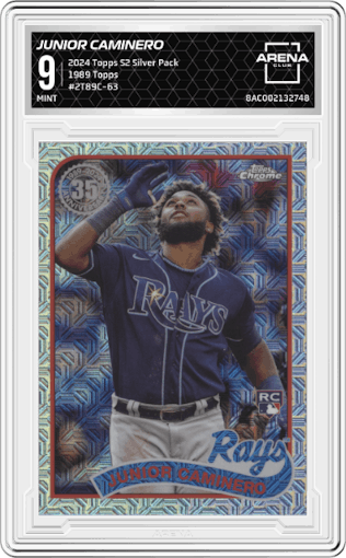 Junior Caminero from the 2024 Topps Series 2 Silver Pack set graded by Arena Club and given an overall grade of 9.