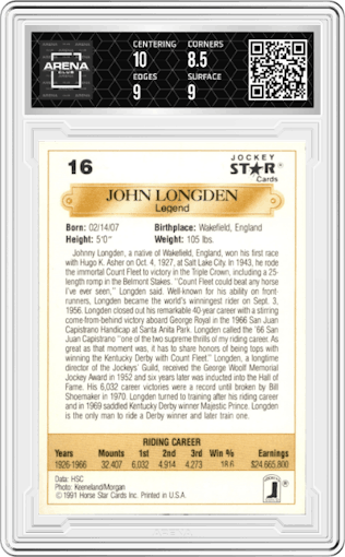 John Longden from the 1991 Jockey Star Jockeys set graded by Arena Club and given an overall grade of 9.