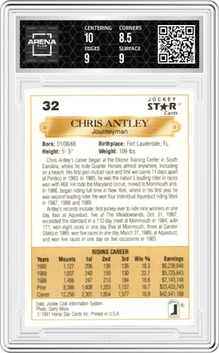 Chris Antley from the 1991 Jockey Star Jockeys set graded by Arena Club and given an overall grade of 9.