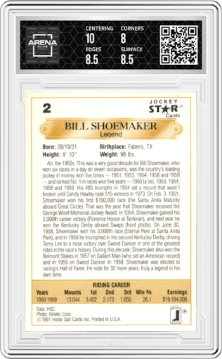 Bill Shoemaker from the 1991 Jockey Star Jockeys set graded by Arena Club and given an overall grade of 8.5.