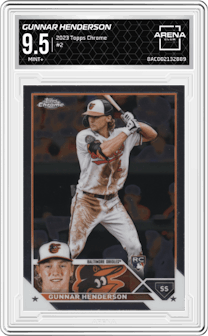 Gunnar Henderson from the 2023 Topps Chrome set graded by Arena Club and given an overall grade of 9.5.