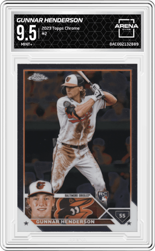Gunnar Henderson from the 2023 Topps Chrome set graded by Arena Club and given an overall grade of 9.5.