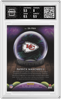 Patrick Mahomes II from the 2021 Panini Contenders   set graded by Arena Club and given an overall grade of 8.5.