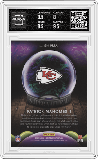 Patrick Mahomes II from the 2021 Panini Contenders   set graded by Arena Club and given an overall grade of 8.5.