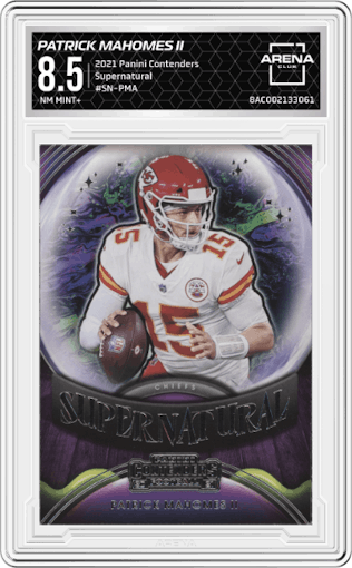 Patrick Mahomes II from the 2021 Panini Contenders   set graded by Arena Club and given an overall grade of 8.5.
