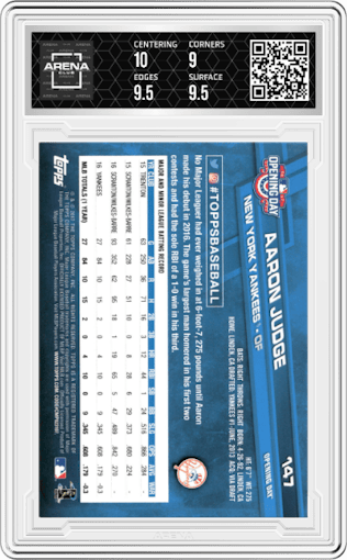 Aaron Judge from the 2017 Topps Opening Day set graded by Arena Club and given an overall grade of 9.5.