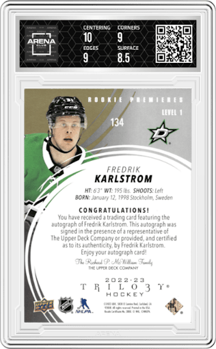 Fredrik Karlstrom from the 2022-23 Upper Deck Trilogy set graded by Arena Club and given an overall grade of 9.