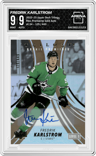 Fredrik Karlstrom from the 2022-23 Upper Deck Trilogy set graded by Arena Club and given an overall grade of 9.