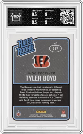Tyler Boyd from the 2016 Panini Donruss  set graded by Arena Club and given an overall grade of 9.5.