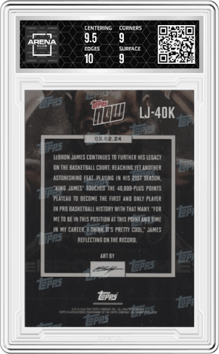 LeBron James from the 2023-24 Topps Now set graded by Arena Club and given an overall grade of 9.5.