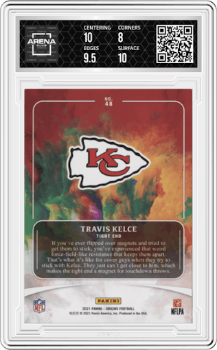 Travis Kelce from the 2021 Panini Origins set featuring a Blue parallel graded by Arena Club and given an overall grade of 8.5.