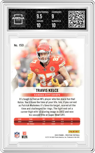 Travis Kelce from the 2023 Panini Prestige set featuring a Xtra Points Green parallel graded by Arena Club and given an overall grade of 9.5.