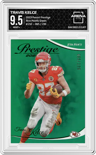 Travis Kelce from the 2023 Panini Prestige set featuring a Xtra Points Green parallel graded by Arena Club and given an overall grade of 9.5.