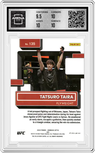 Tatsuro Taira from the 2023 Donruss Optic UFC set featuring a Blue Parallel parallel graded by Arena Club and given an overall grade of 10.