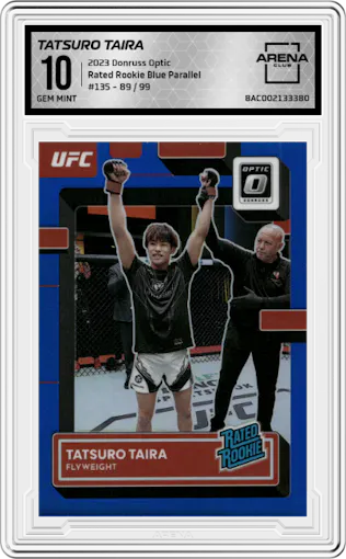 Tatsuro Taira from the 2023 Donruss Optic UFC set featuring a Blue Parallel parallel graded by Arena Club and given an overall grade of 10.
