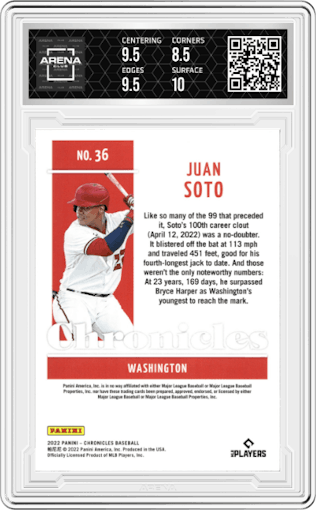 Juan Soto from the 2022 Panini Chronicles set featuring a Red parallel graded by Arena Club and given an overall grade of 9.