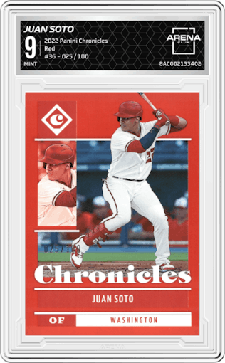 Juan Soto from the 2022 Panini Chronicles set featuring a Red parallel graded by Arena Club and given an overall grade of 9.