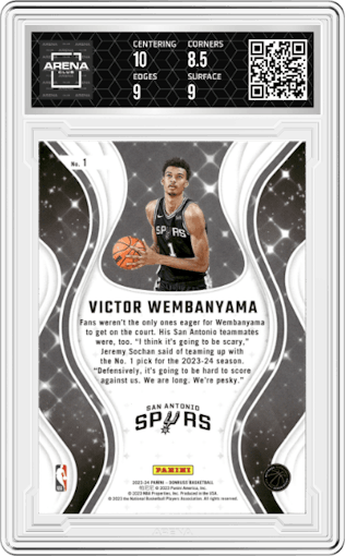Victor Wembanyama from the 2023-24 Panini Donruss set graded by Arena Club and given an overall grade of 9.