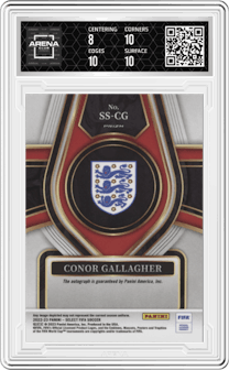 Conor Gallagher from the 2022-23 Panini Select FIFA set featuring a Blue Pulsar parallel graded by Arena Club and given an overall grade of 8.5.