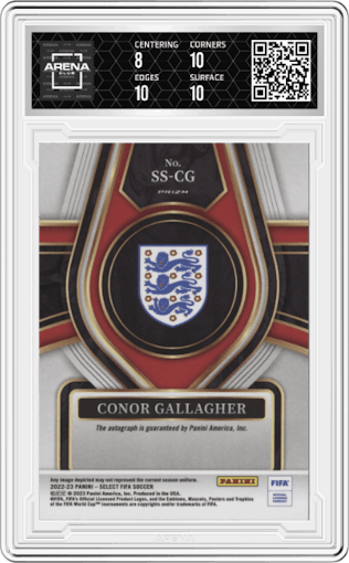 Conor Gallagher from the 2022-23 Panini Select FIFA set featuring a Blue Pulsar parallel graded by Arena Club and given an overall grade of 8.5.