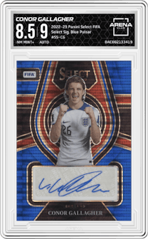 Conor Gallagher from the 2022-23 Panini Select FIFA set featuring a Blue Pulsar parallel graded by Arena Club and given an overall grade of 8.5.