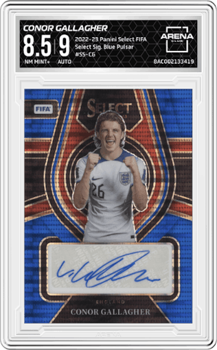 Conor Gallagher from the 2022-23 Panini Select FIFA set featuring a Blue Pulsar parallel graded by Arena Club and given an overall grade of 8.5.