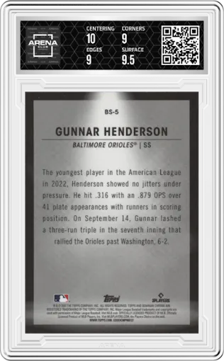 Gunnar Henderson from the 2023 Bowman  set graded by Arena Club and given an overall grade of 9.5.