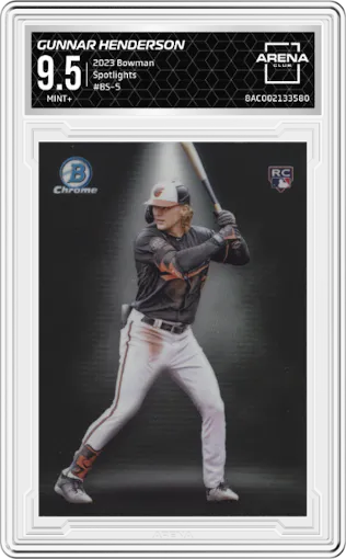 Gunnar Henderson from the 2023 Bowman  set graded by Arena Club and given an overall grade of 9.5.