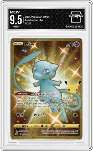 Mew from the 2021 Pokemon SWSH set graded by Arena Club and given an overall grade of 9.5.