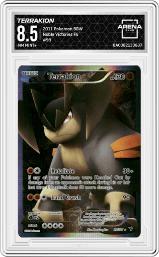 Terrakion from the 2011 Pokemon Black & White set graded by Arena Club and given an overall grade of 8.5.