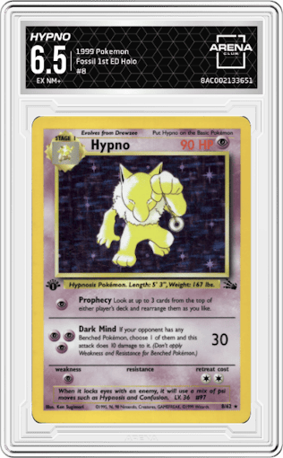 Hypno from the 1999 Pokemon set graded by Arena Club and given an overall grade of 6.5.