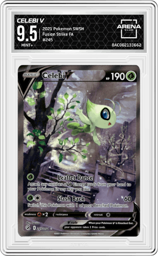 Celebi V from the 2021 Pokemon SWSH set graded by Arena Club and given an overall grade of 9.5.