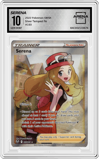 Serena from the 2022 Pokemon SWSH set graded by Arena Club and given an overall grade of 10.