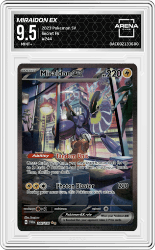 Miraidon EX from the 2023 Pokemon SV set graded by Arena Club and given an overall grade of 9.5.