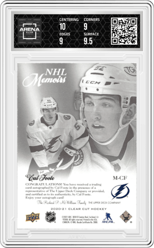 Cal Foote from the 2020-21 Upper Deck Clear Cut set graded by Arena Club and given an overall grade of 9.5.