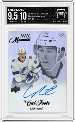 Cal Foote from the 2020-21 Upper Deck Clear Cut set graded by Arena Club and given an overall grade of 9.5.