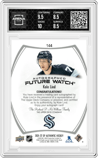 Kole Lind from the 2021-22 SP Authentic  set graded by Arena Club and given an overall grade of 9.