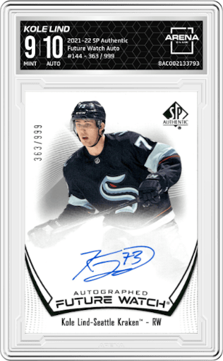 Kole Lind from the 2021-22 SP Authentic  set graded by Arena Club and given an overall grade of 9.