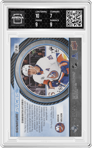 Brock Nelson from the 2022-23 Upper Deck Trilogy set graded by Arena Club and given an overall grade of 7.5.