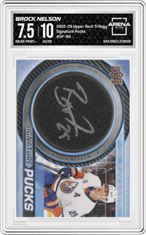 Brock Nelson from the 2022-23 Upper Deck Trilogy set graded by Arena Club and given an overall grade of 7.5.