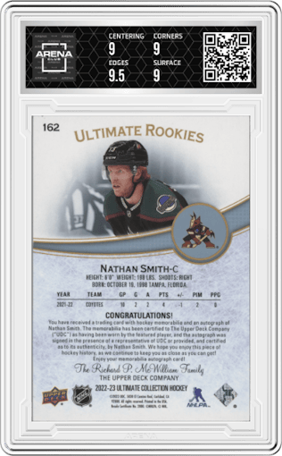 Nathan Smith from the 2022-23 Upper Deck Ultimate Collection set graded by Arena Club and given an overall grade of 9.