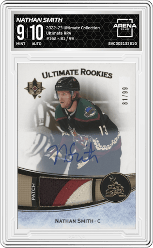 Nathan Smith from the 2022-23 Upper Deck Ultimate Collection set graded by Arena Club and given an overall grade of 9.
