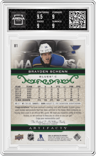 Brayden Schenn from the 2021-22 Upper Deck Artifacts  set featuring a Emerald parallel graded by Arena Club and given an overall grade of 9.